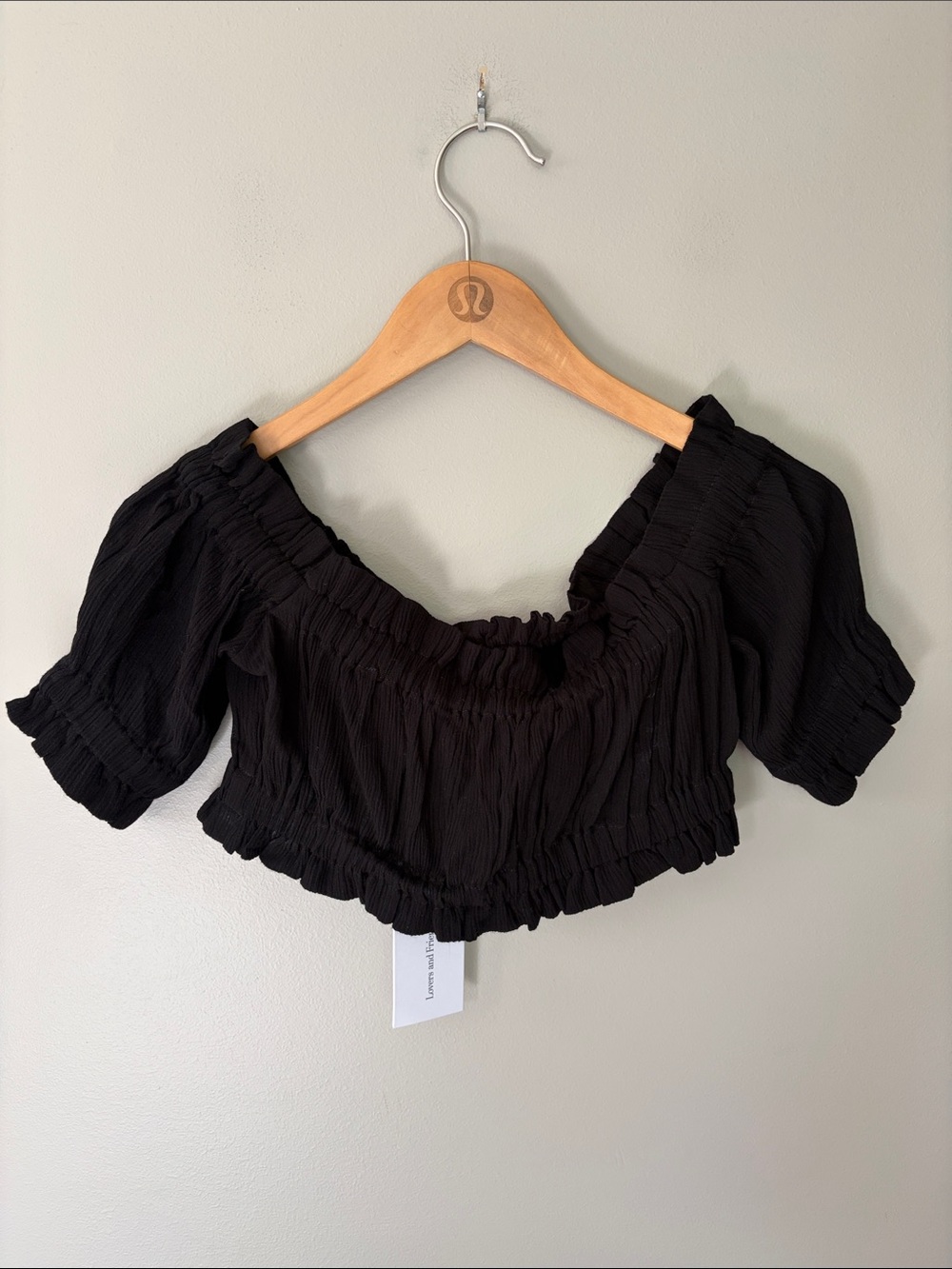 Lovers and Friends Black Cropped Smocked Off Shoulder Ruffle‎ Top Small Boho